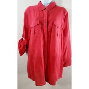 Chaus Sport Red Hidden Button Up Pointed Collard Top XL Roll Tab Sleeves Soft